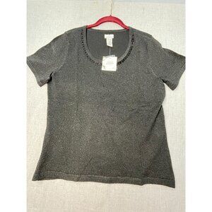 Jaclyn Smith Women’s Black Large Short Sleeve Knit Top Hand Beaded Neckline NEW